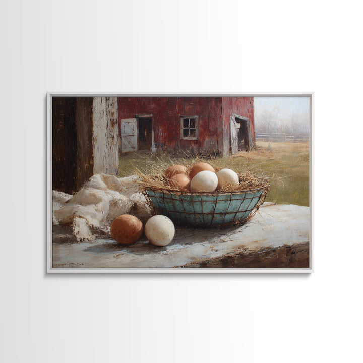 Fresh Eggs in a Wire Basket Framed Canvas Print, Farmhouse Art, Floral Wall Art, Farmhouse Decor, Oil Painting, Harvest, FAR-3x2-82