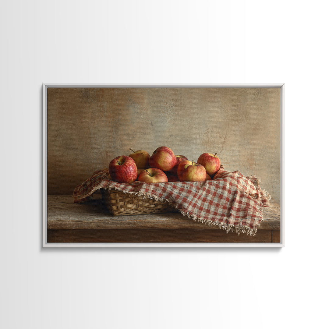 Apple Basket with Gingham Cloth Framed Canvas Print, Farmhouse Art, Fine Art Print, Farmhouse Decor, Fine Art, Harvest, FAR-3x2-87