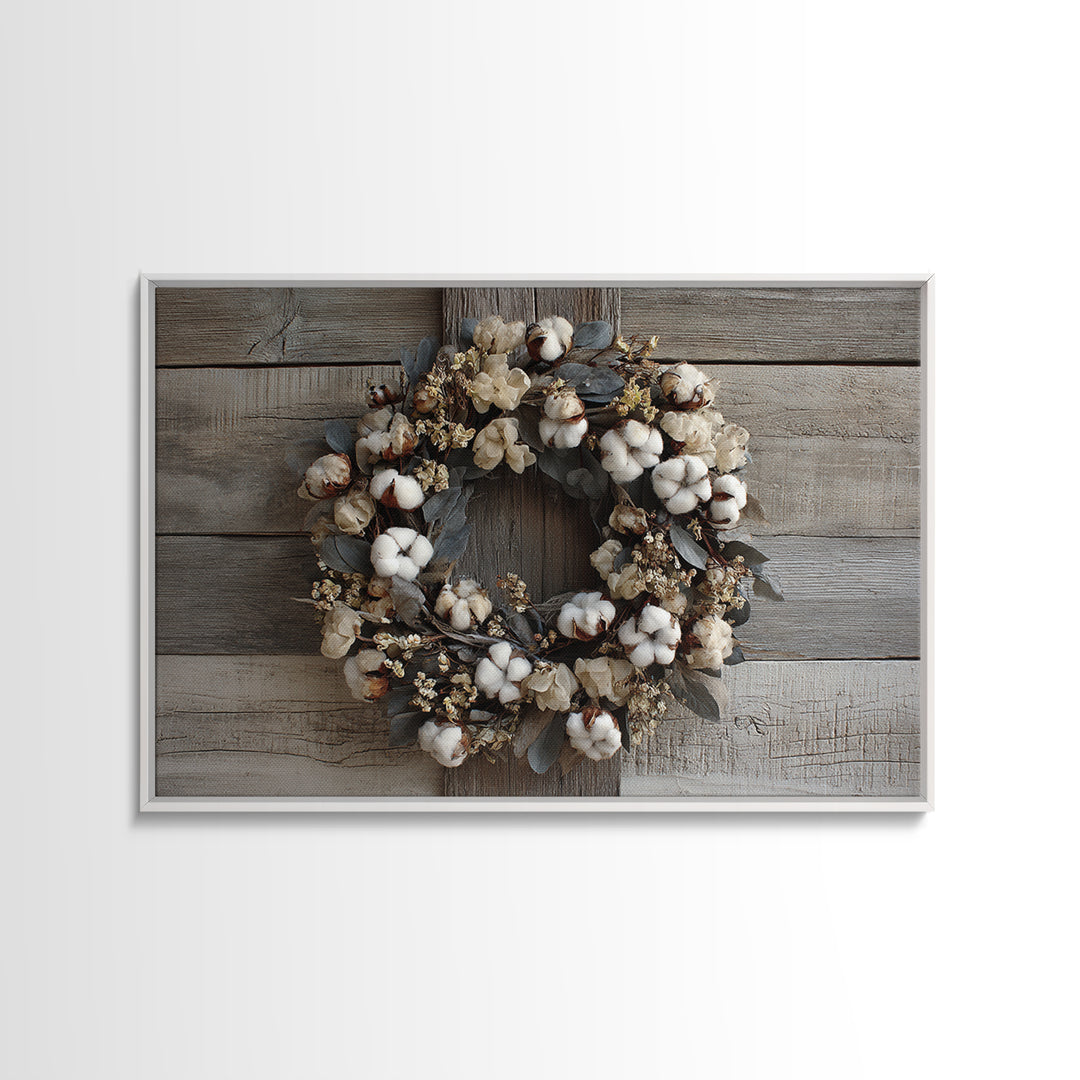 Farmhouse Wreath of Cotton Stems and Eucalyptus Framed Canvas Print, Farmhouse Art, Art Print, Farmhouse Decor, Harvest, FAR-3x2-96