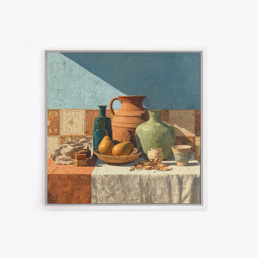 Pear Still Life on Linen Tablecloth Framed Canvas Print, French Country Art, Above Bed Art, Farmhouse Decor, Abstract Art, FCA-1x1-100
