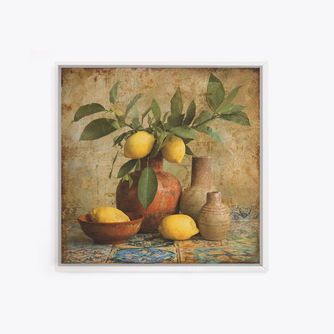 Aged Botanical Plate of Lemons and Leaves Framed Canvas Print, French Country Art, Digital Art, Farmhouse Decor, Oil Painting, FCA-1x1-12