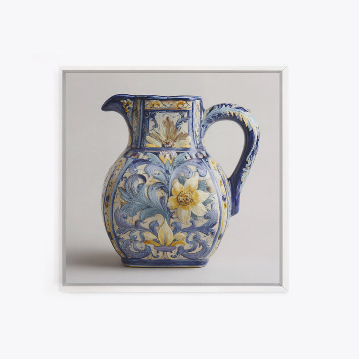 Blue and White Ceramic Pitcher Framed Canvas Print, French Country Art, Farmhouse Decor, Oil Painting, Country, FCA-1x1-27