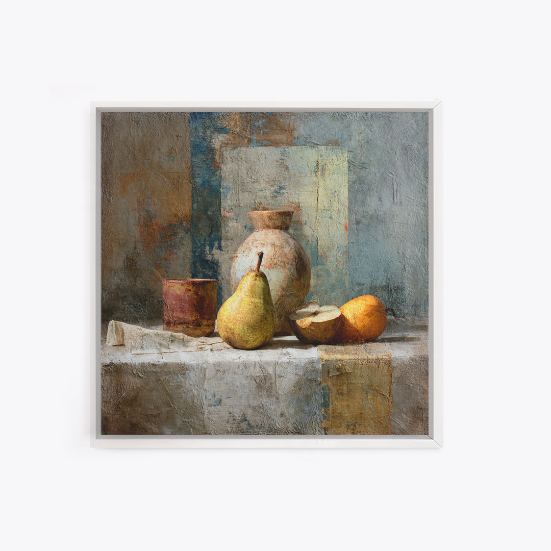 Pear Still Life on Linen Tablecloth Framed Canvas Print, French Country Art, Digital Wall Art, Farmhouse Decor, Country, FCA-1x1-28