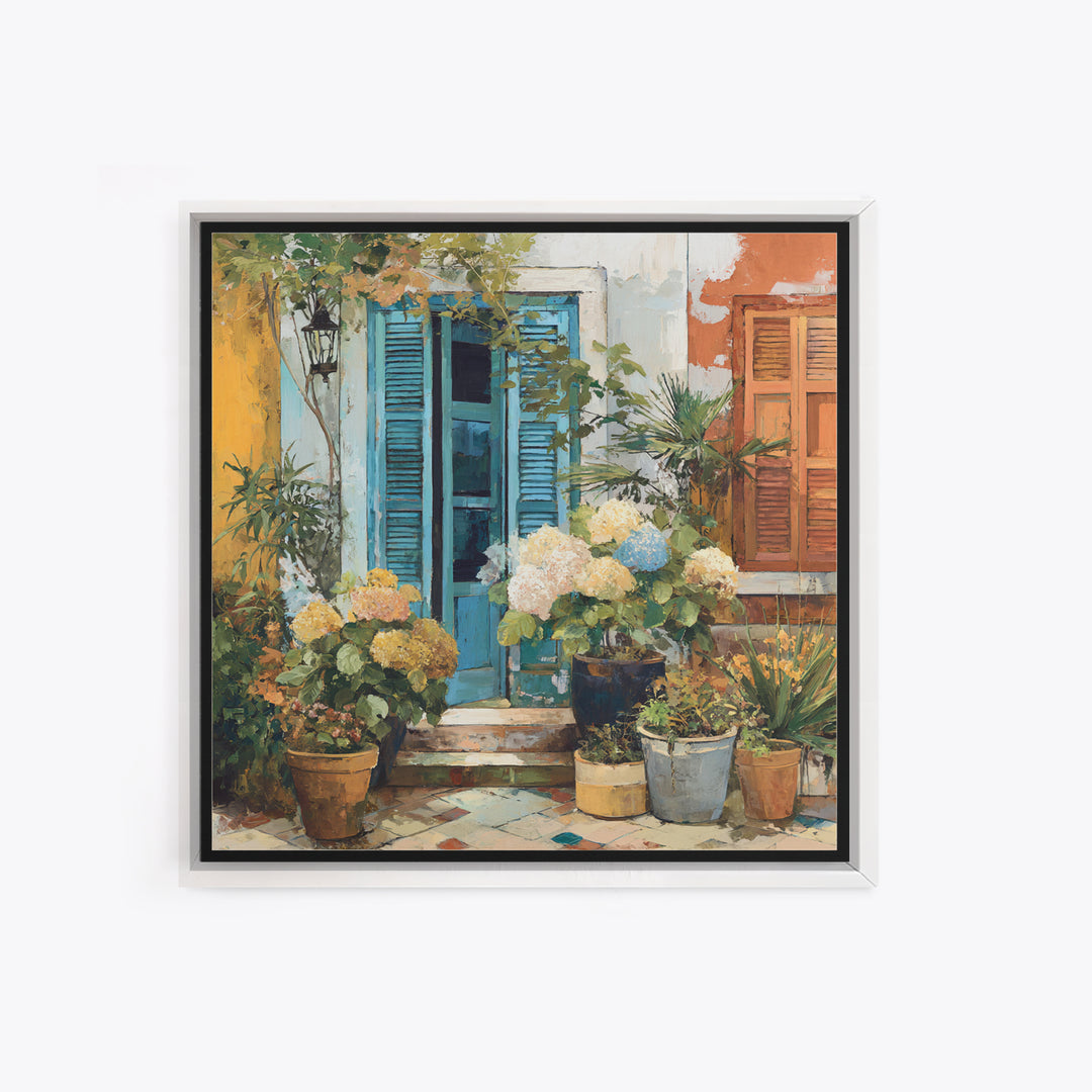 Soft Hydrangeas Beside Antique Shutters Framed Canvas Print, French Country Art, Home Decor, Farmhouse Decor, Fine Art, Country, FCA-1x1-32