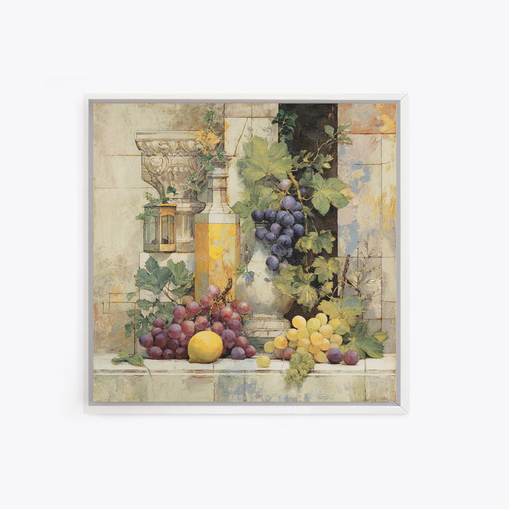 Grapes and Wine Still Life Framed Canvas Print, French Country Art, French Country Decor, Farmhouse Decor, Abstract Art, FCA-1x1-33