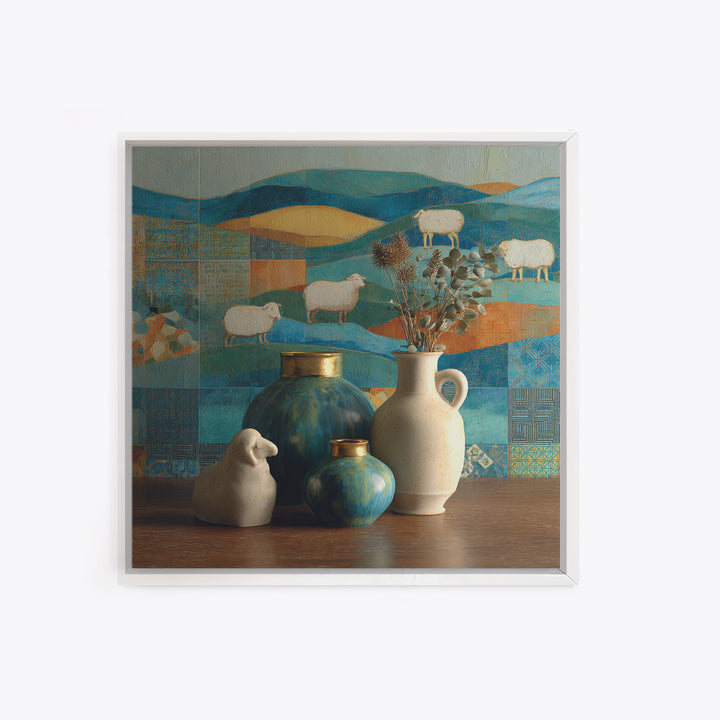 Pastoral Sheep in Rolling Countryside Framed Canvas Print, French Country Art, Floral Wall Art, Farmhouse Decor, Country, FCA-1x1-38