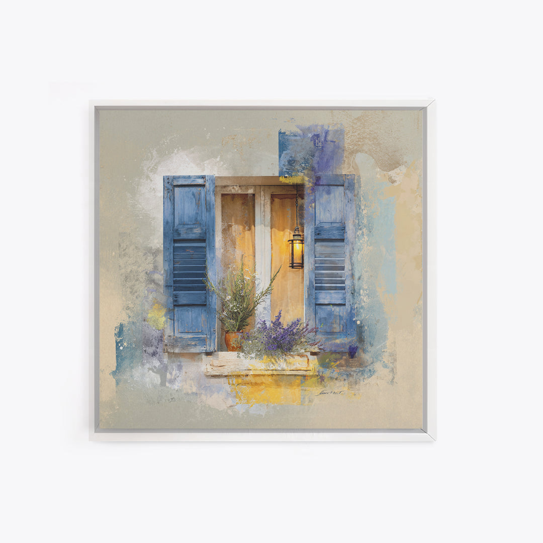 Weathered Window with Blue Shutters Canvas Print, French Country Art, Botanical Wall Art, Farmhouse Decor, Watercolor Art, FCA-1x1-45