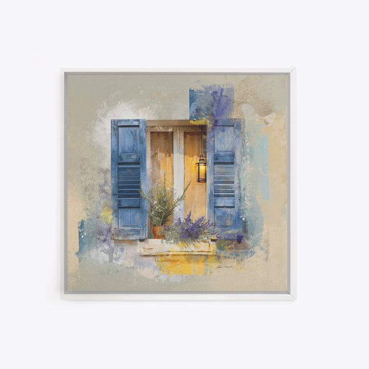 Weathered Window with Blue Shutters Canvas Print, French Country Art, Botanical Wall Art, Farmhouse Decor, Watercolor Art, FCA-1x1-45