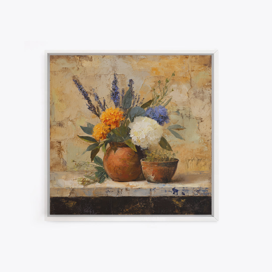 Antique Copper Pot and Flowers Still Life Framed Canvas Print, French Country Art, Wall Art, Farmhouse Decor, Oil Painting, FCA-1x1-48