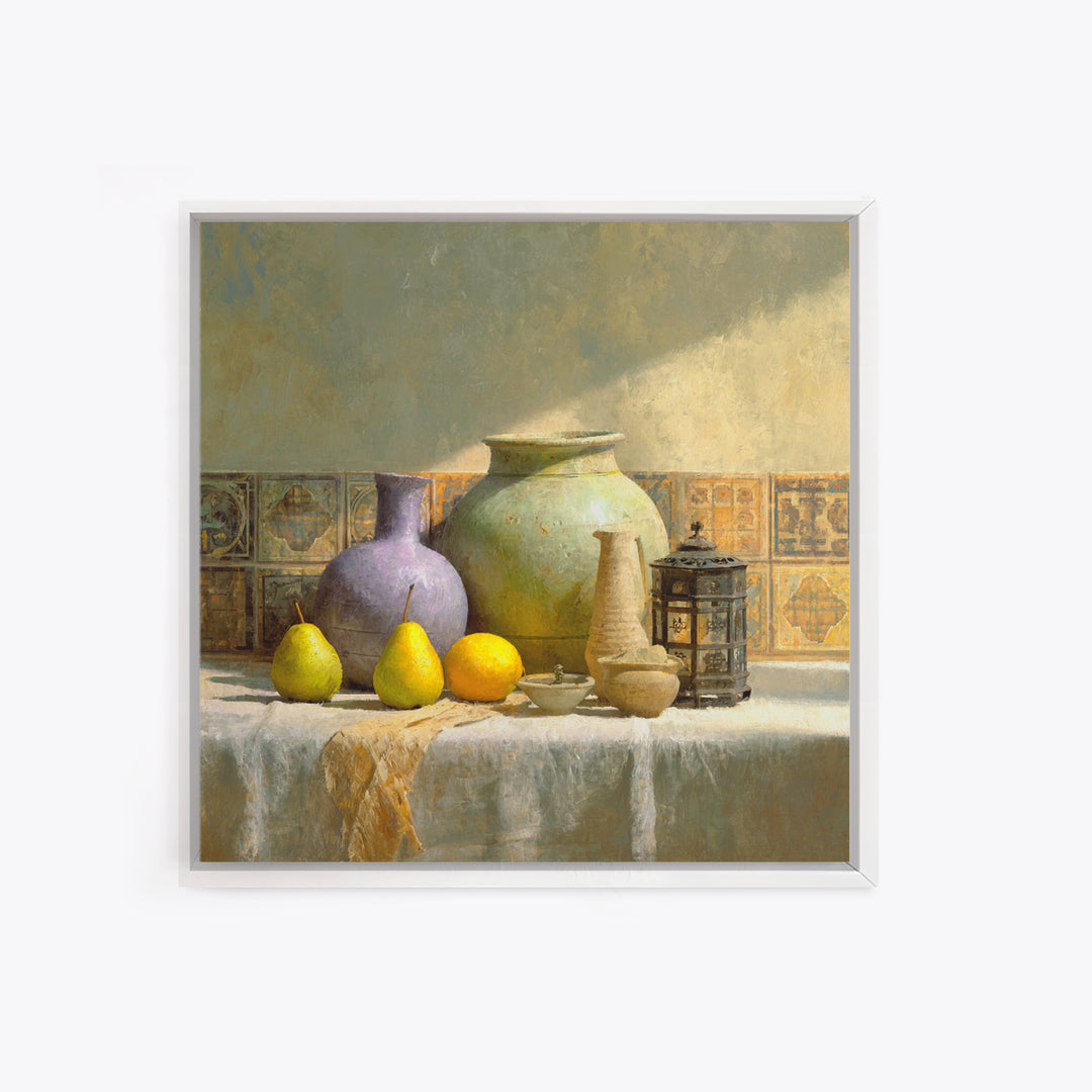 Pear Still Life on Linen Tablecloth Framed Canvas Print, French Country Art, Digital Art Prints, Farmhouse Decor, Abstract Art, FCA-1x1-52