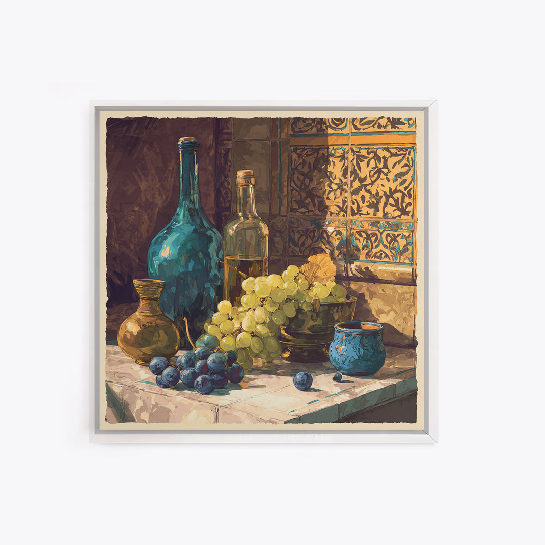 Grapes and Wine Still Life Framed Canvas Print, French Country Art, French Country Decor, Farmhouse Decor, Abstract Art, FCA-1x1-57