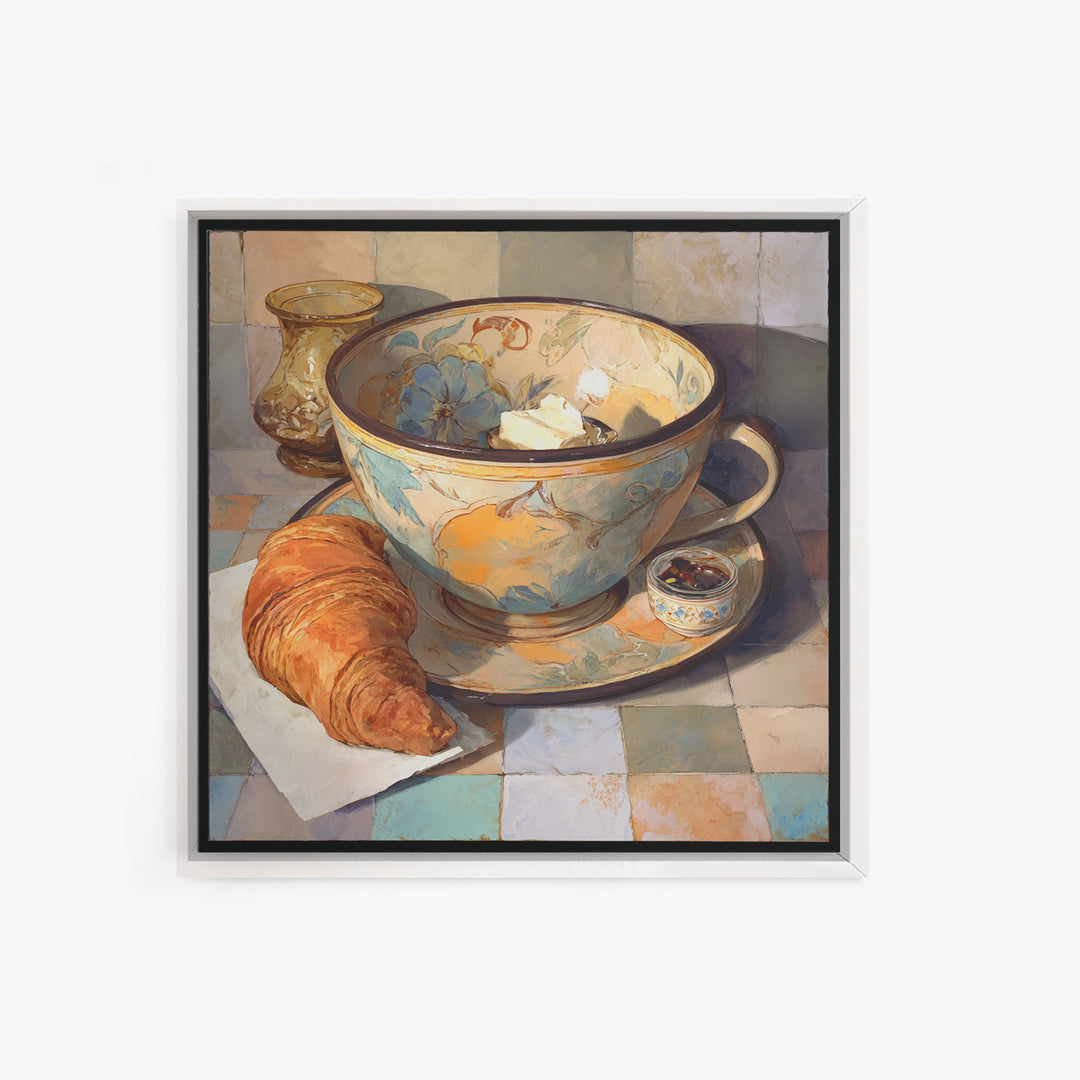 Caf Au Lait Bowl Framed Canvas Print, French Country Art, Digital Art Prints, Farmhouse Decor, Watercolor Art, Country, FCA-1x1-58
