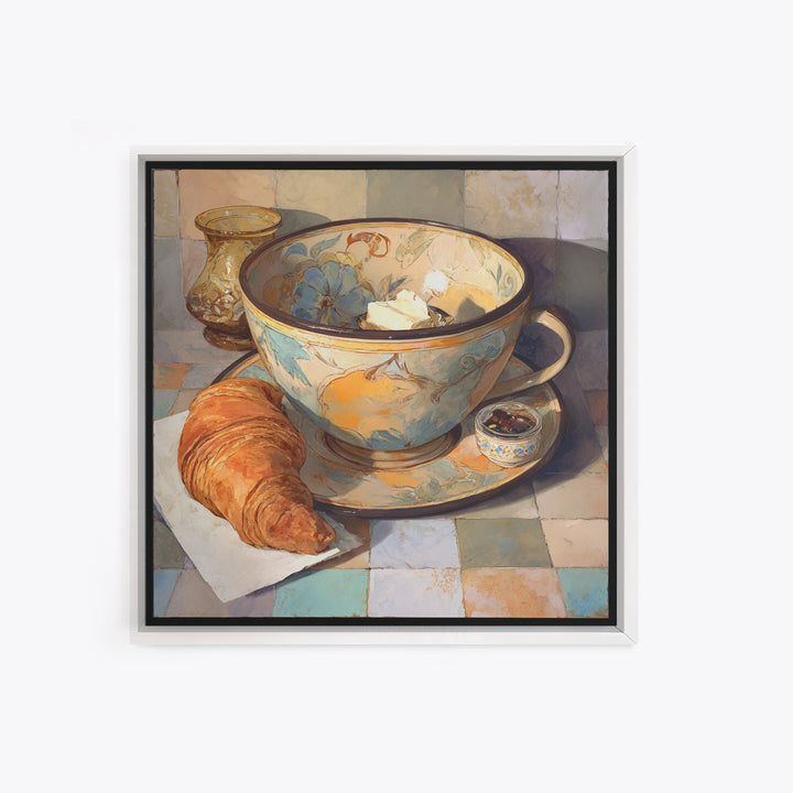 Caf Au Lait Bowl Framed Canvas Print, French Country Art, Digital Art Prints, Farmhouse Decor, Watercolor Art, Country, FCA-1x1-58