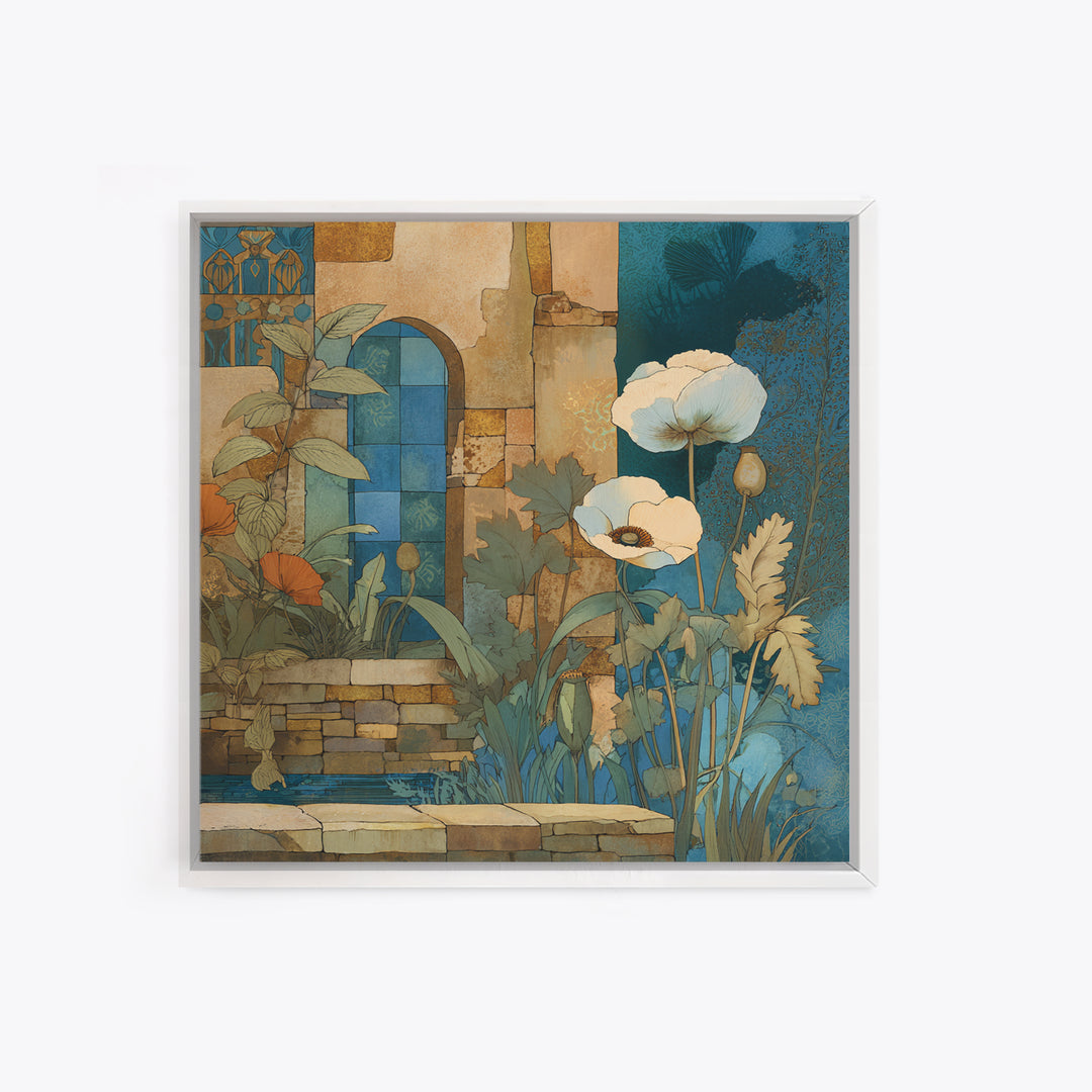 Poppies Beside a Stone Garden Wall Framed Canvas Print, French Country Art, Landscape Wall Art, Farmhouse Decor, Oil Painting, FCA-1x1-63