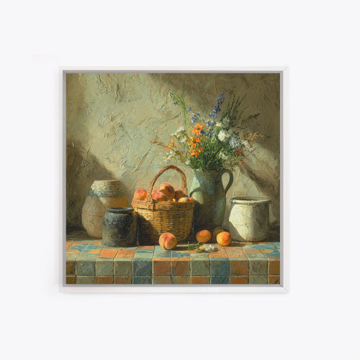 Basket of Fresh Peaches and Wildflowers Canvas Print, French Country Art, Eclectic Wall Art, Farmhouse Decor, Country, FCA-1x1-68
