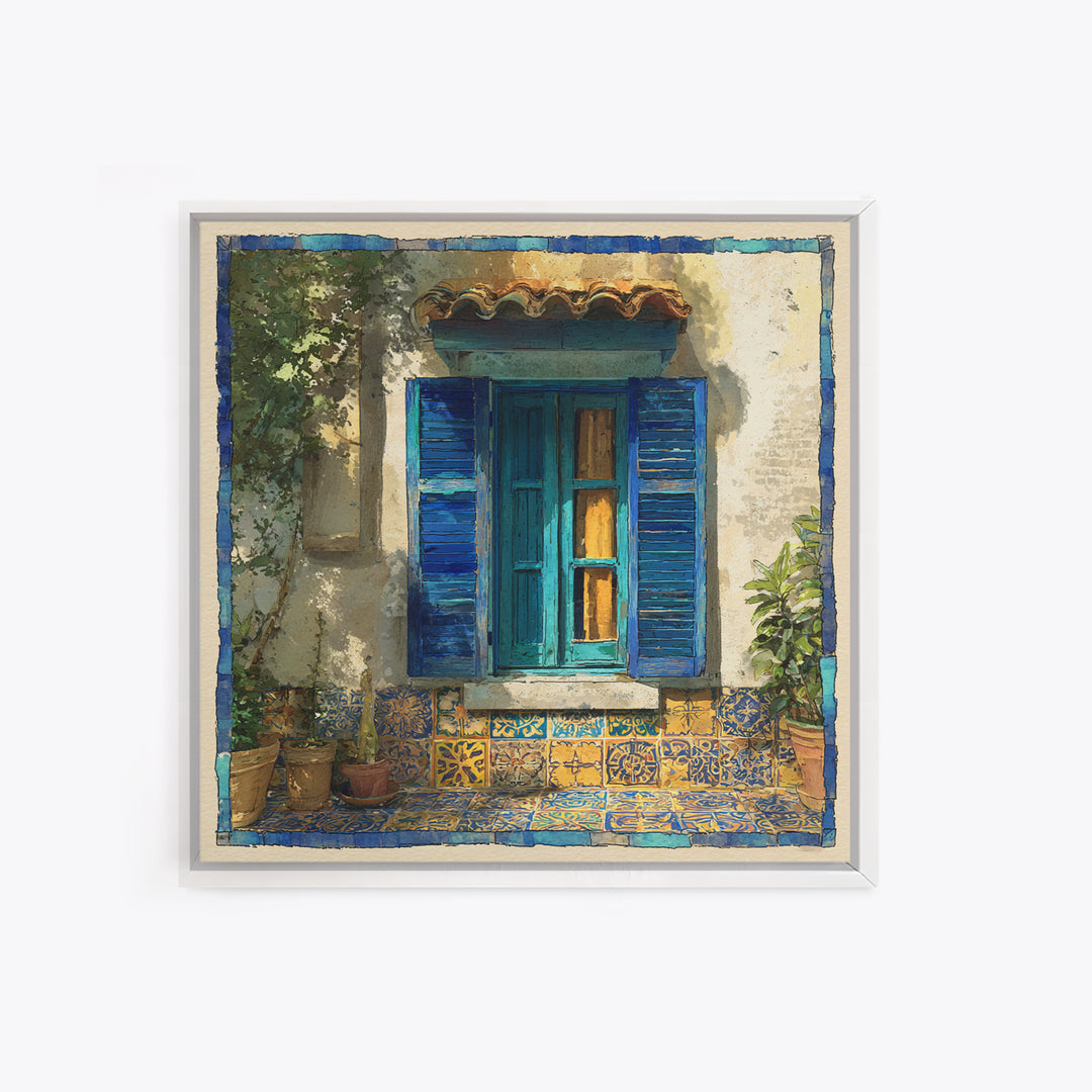 Weathered Window with Blue Shutters Canvas Print, French Country Art, Botanical Wall Art, Farmhouse Decor, Watercolor Art, FCA-1x1-69