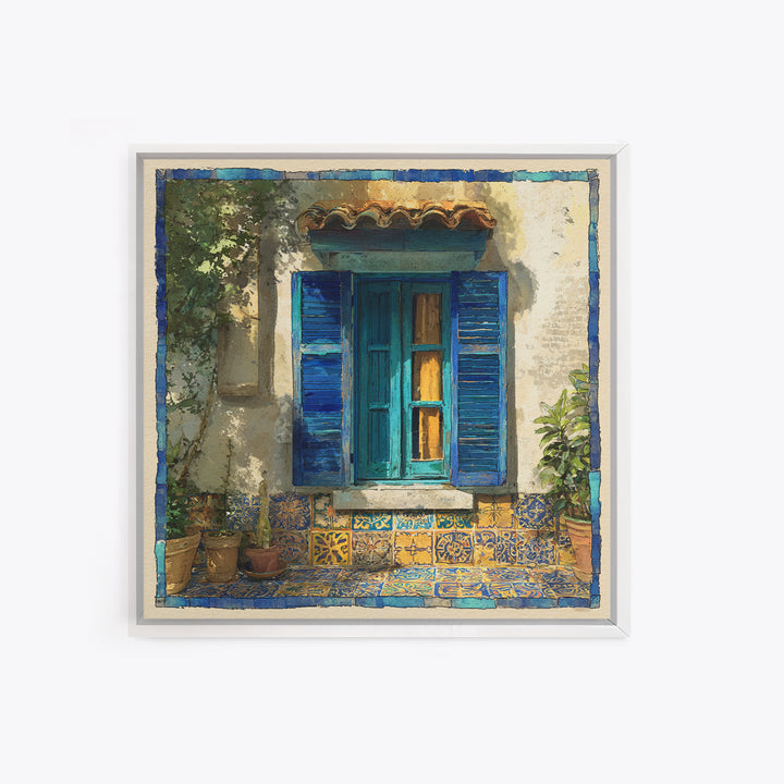 Weathered Window with Blue Shutters Canvas Print, French Country Art, Botanical Wall Art, Farmhouse Decor, Watercolor Art, FCA-1x1-69
