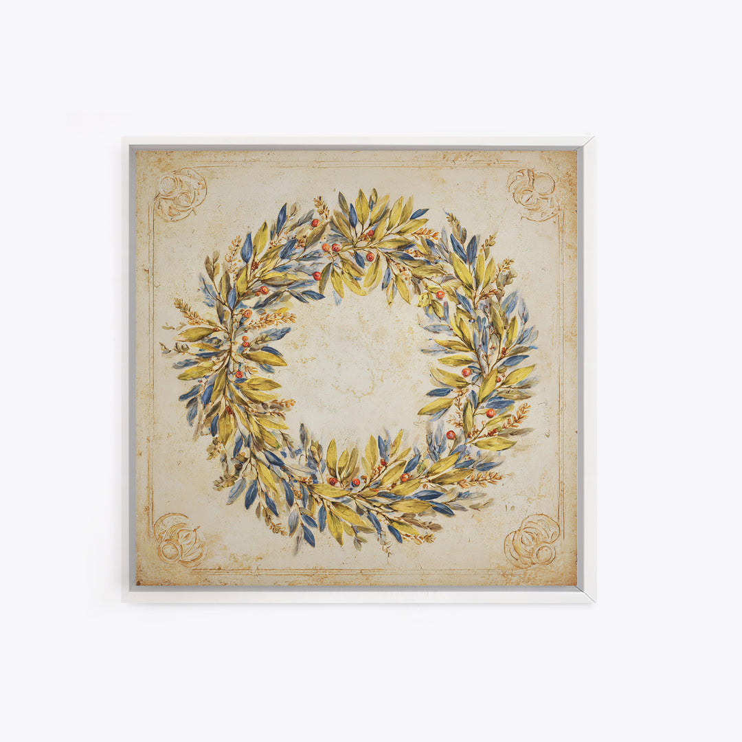 Olive Branch Wreath on Cream Ground Canvas Print, French Country Art, Farmhouse Wall Decor, Farmhouse Decor, Country, FCA-1x1-70