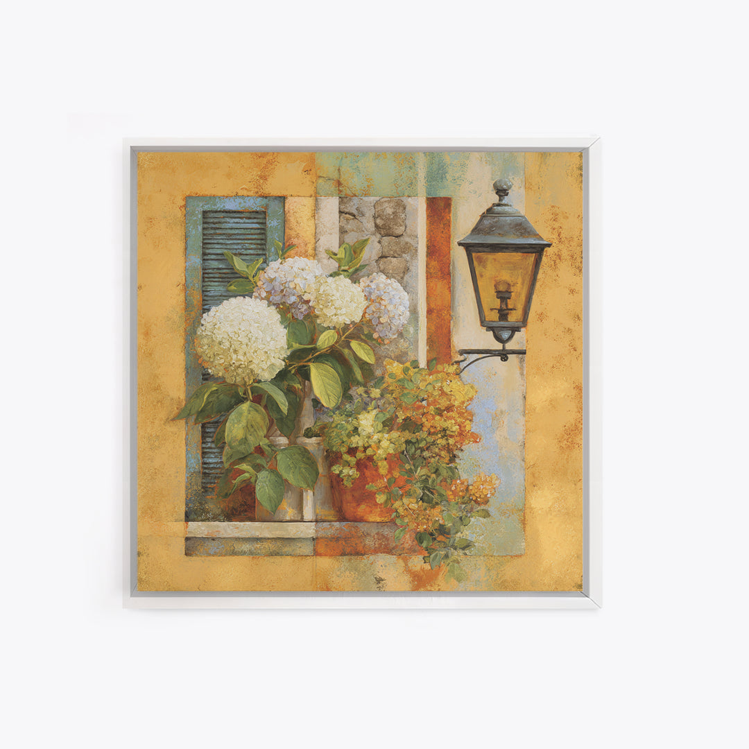 Soft Hydrangeas Beside Antique Shutters Framed Canvas Print, French Country Art, Home Decor, Farmhouse Decor, Fine Art, Country, FCA-1x1-80