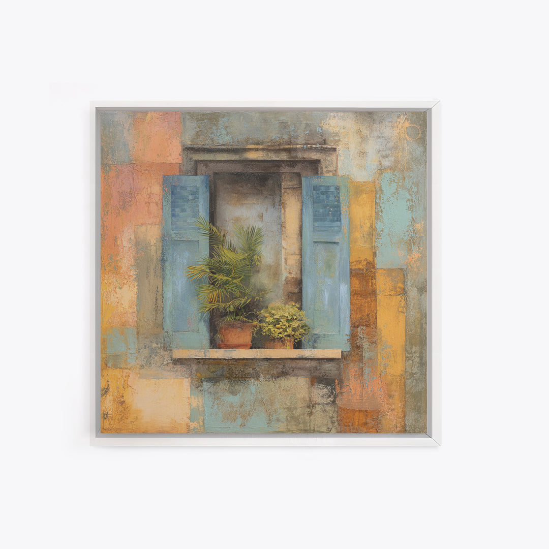 Weathered Window with Blue Shutters Framed Canvas Print, French Country Art, Landscape Wall Art, Farmhouse Decor, Oil Painting, FCA-1x1-93