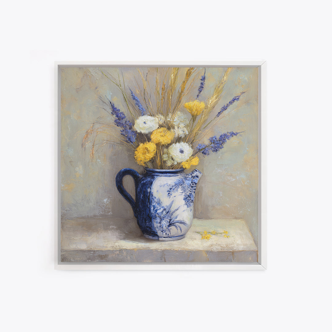 Blue and White Ceramic Pitcher Canvas Print, French Country Art, Farmhouse Decor, Oil Painting, Country, Digital Wall Art, FCA-1x1-99