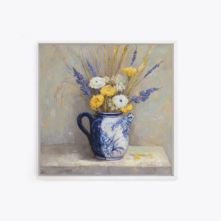 Blue and White Ceramic Pitcher Canvas Print, French Country Art, Farmhouse Decor, Oil Painting, Country, Digital Wall Art, FCA-1x1-99