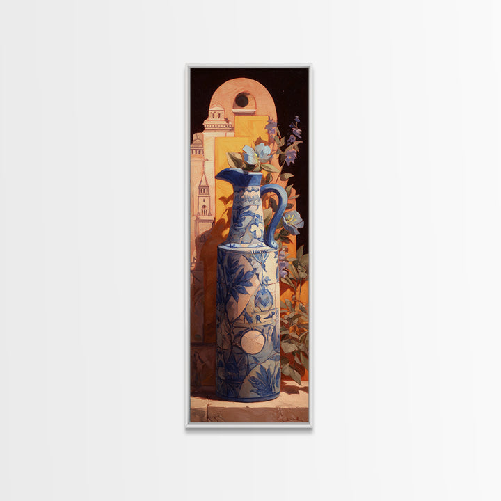 Blue and White Ceramic Pitcher Framed Canvas Print, French Country Art, Landscape Wall Art, Farmhouse Decor, Fine Art, Country, FCA-1x3-15
