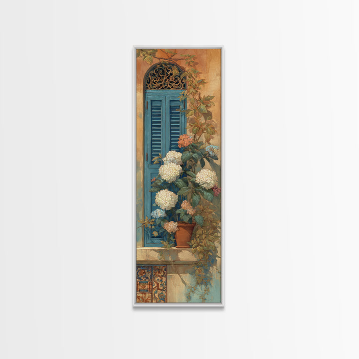 Soft Hydrangeas Beside Antique Shutters Framed Canvas Print, French Country Art, Eclectic Wall Art, Farmhouse Decor, Country, FCA-1x3-20