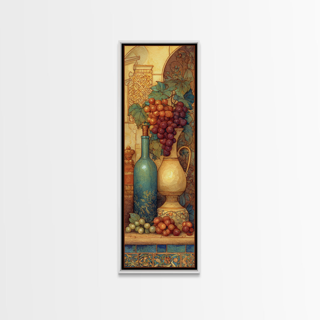 Grapes and Wine Still Life Framed Canvas Print, French Country Art, French Country Decor, Farmhouse Decor, Oil Painting, FCA-1x3-45