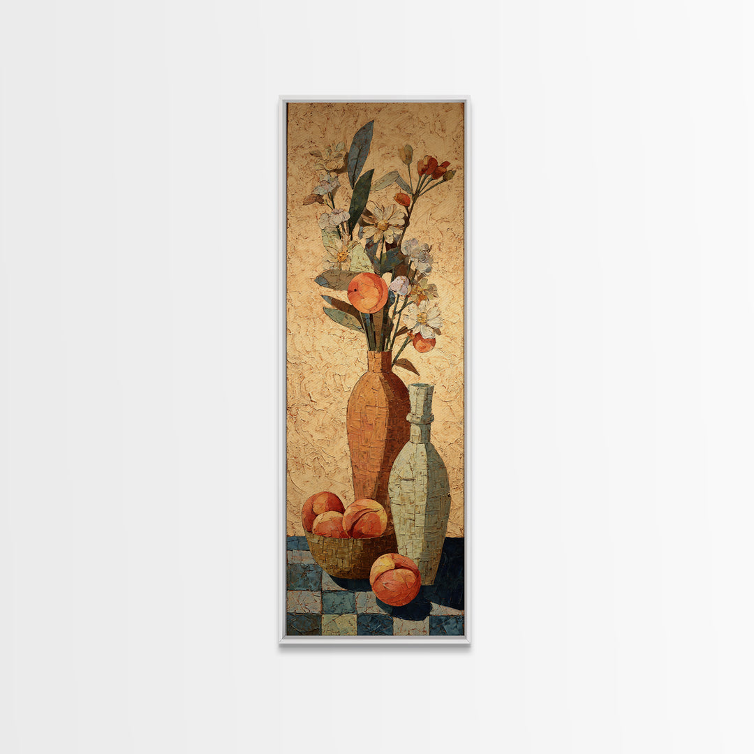 Basket of Fresh Peaches and Wildflowers Canvas Print, French Country Art, Statement Artwork, Farmhouse Decor, Fine Art, Country, FCA-1x3-56