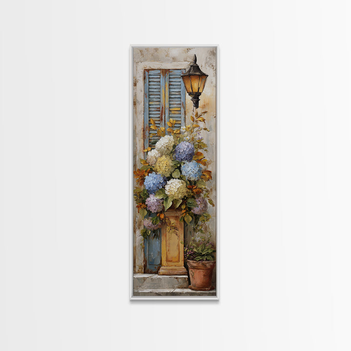 Soft Hydrangeas Beside Antique Shutters Canvas Print, French Country Art, Luxury Decor, Farmhouse Decor, Fine Art, Country, FCA-1x3-68