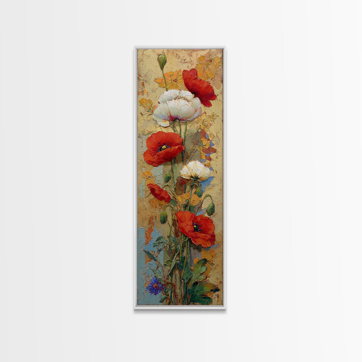 Poppies Beside a Stone Garden Wall Framed Canvas Print, French Country Art, Wall Art, Farmhouse Decor, Oil Painting, Country, FCA-1x3-75