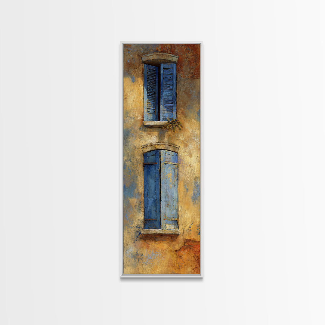 Weathered Window with Blue Shutters Canvas Print, French Country Art, Botanical Wall Art, Farmhouse Decor, Watercolor Art, FCA-1x3-9