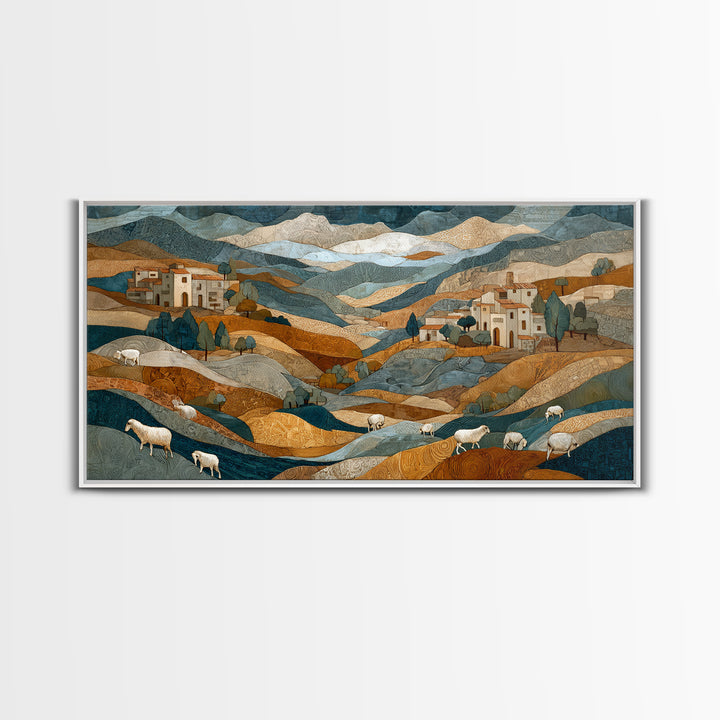 Pastoral Sheep in Rolling Countryside Framed Canvas Print, French Country Art, Home Decor, Farmhouse Decor, Fine Art, Country, FCA-2x1-10