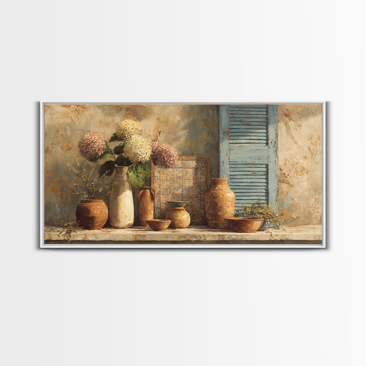 Soft Hydrangeas Beside Antique Shutters Framed Canvas Print, French Country Art, Floral Wall Art, Farmhouse Decor, Country, FCA-2x1-100
