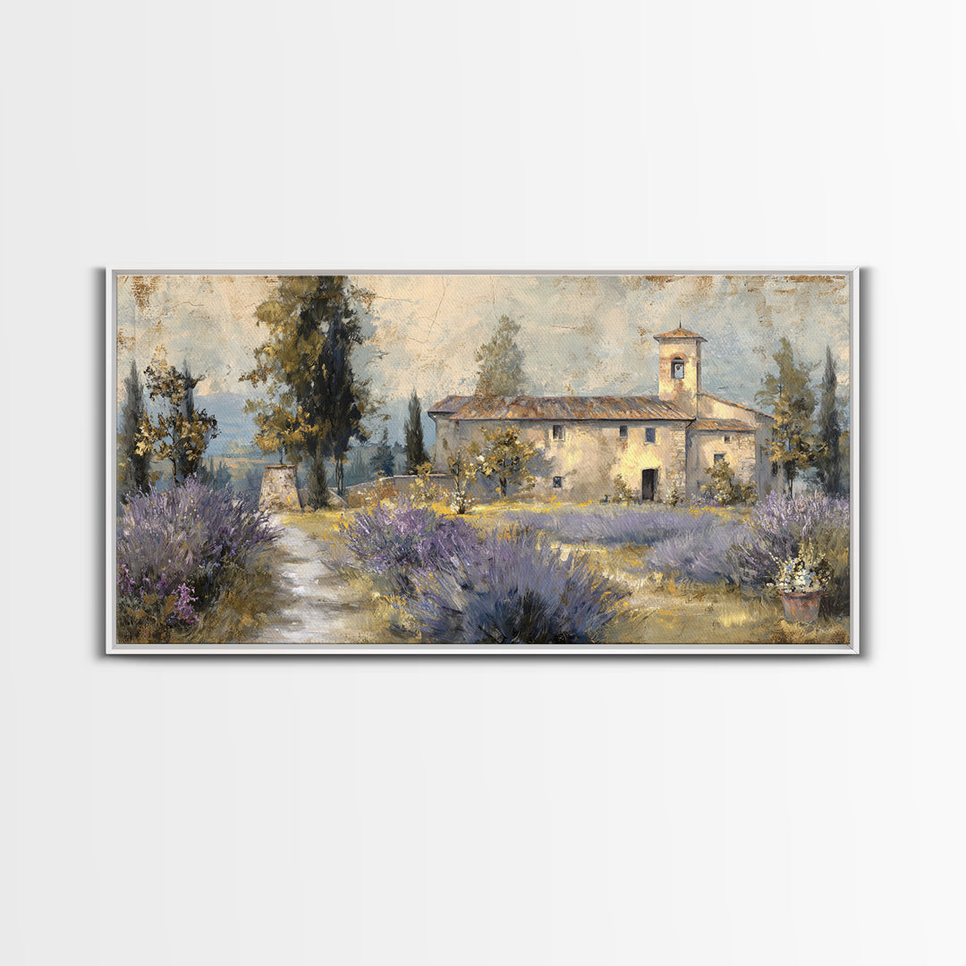 Lavender Field with Distant Stone Farmhouse Canvas Print, French Country Art, Farmhouse Decor, Oil Painting, Country, FCA-2x1-21