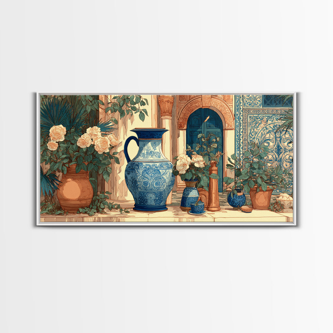 Blue and White Ceramic Pitcher Framed Canvas Print, French Country Art, Wall Art, Farmhouse Decor, Watercolor Art, Country, FCA-2x1-23