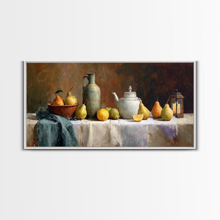 Pear Still Life on Linen Tablecloth Framed Canvas Print, French Country Art, Room Decor, Farmhouse Decor, Fine Art, Country, FCA-2x1-24