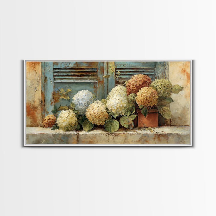 Soft Hydrangeas Beside Antique Shutters Framed Canvas Print, French Country Art, Textured Painting, Farmhouse Decor, Country, FCA-2x1-28