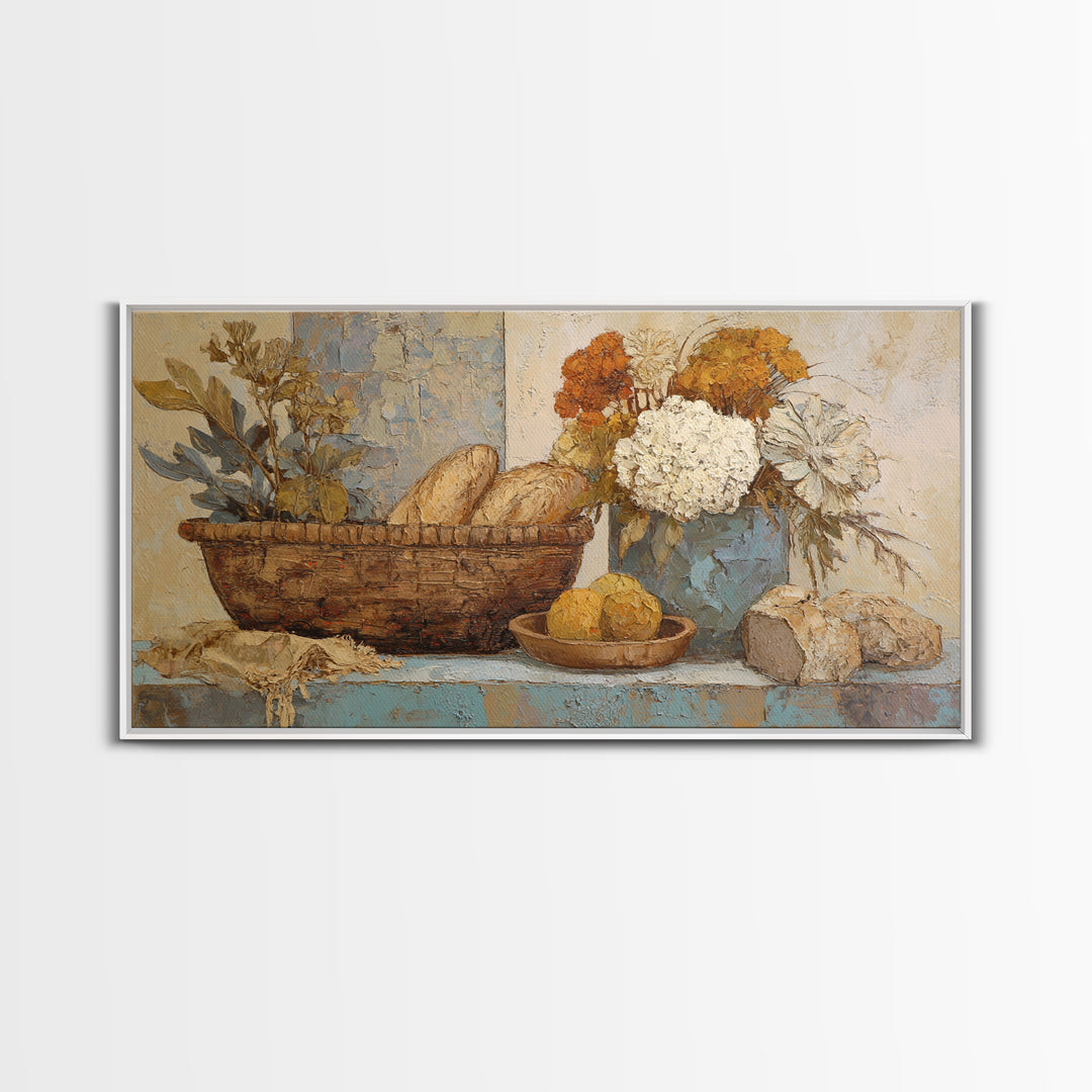 French Market Basket Framed Canvas Print, French Country Art, Digital Wall Art, Farmhouse Decor, Oil Painting, Country, FCA-2x1-3