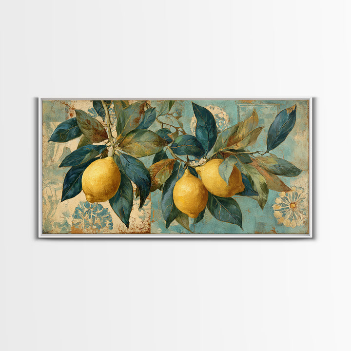 Aged Botanical Plate of Lemons and Leaves Canvas Print, French Country Art, Farmhouse Decor, Watercolor Art, Country, FCA-2x1-32