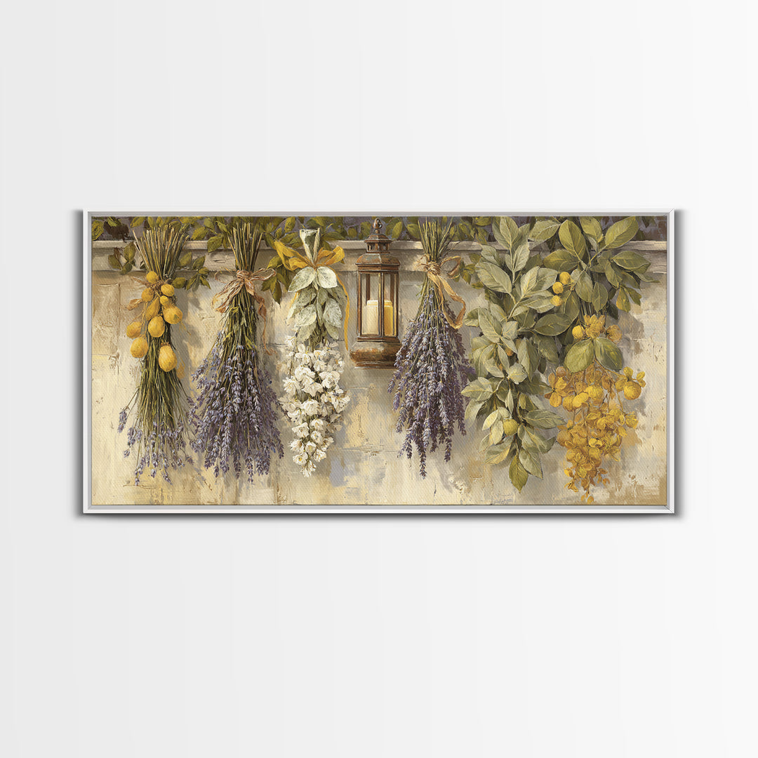 Farmhouse Kitchen Herbs Tied Framed Canvas Print, French Country Art, Above Bed Art, Farmhouse Decor, Fine Art, Country, FCA-2x1-33
