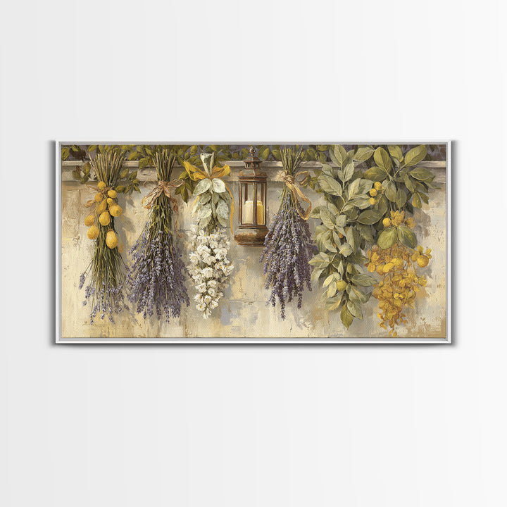 Farmhouse Kitchen Herbs Tied Framed Canvas Print, French Country Art, Above Bed Art, Farmhouse Decor, Fine Art, Country, FCA-2x1-33