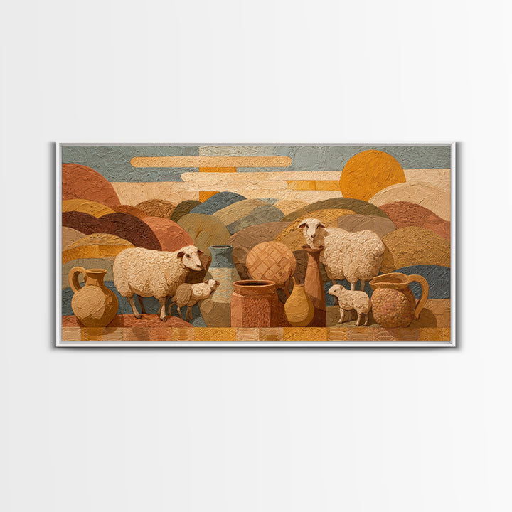 Pastoral Sheep in Rolling Countryside Framed Canvas Print, French Country Art, Home Decor, Farmhouse Decor, Fine Art, Country, FCA-2x1-34