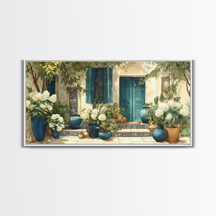 Soft Hydrangeas Beside Antique Shutters Canvas Print, French Country Art, Statement Artwork, Farmhouse Decor, Fine Art, Country, FCA-2x1-4