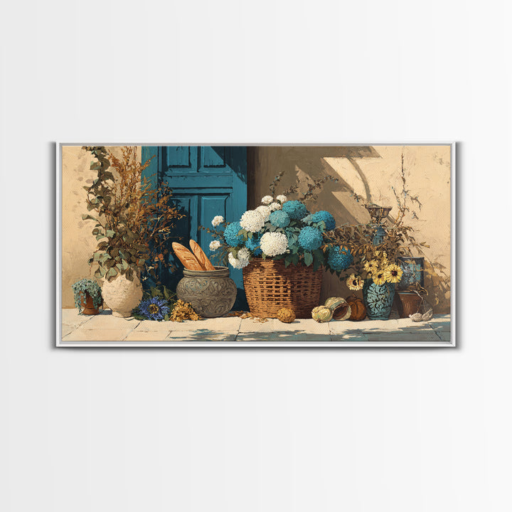French Market Basket Framed Canvas Print, French Country Art, Digital Wall Art, Farmhouse Decor, Country, Floral Wall Art, FCA-2x1-51