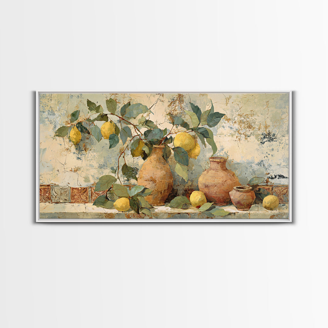 Aged Botanical Plate of Lemons and Leaves Framed Canvas Print, French Country Art, Digital Art, Farmhouse Decor, Country, FCA-2x1-56