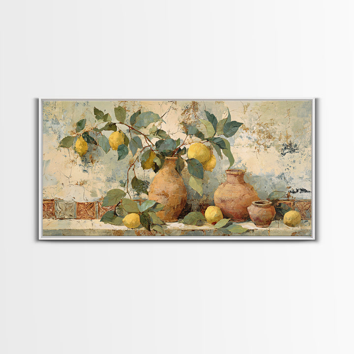 Aged Botanical Plate of Lemons and Leaves Framed Canvas Print, French Country Art, Digital Art, Farmhouse Decor, Country, FCA-2x1-56