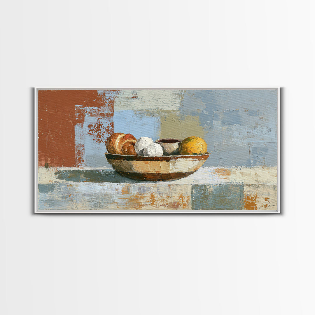 Caf Au Lait Bowl Framed Canvas Print, French Country Art, Above Bed Art, Farmhouse Decor, Fine Art, Country, Textured Painting, FCA-2x1-6