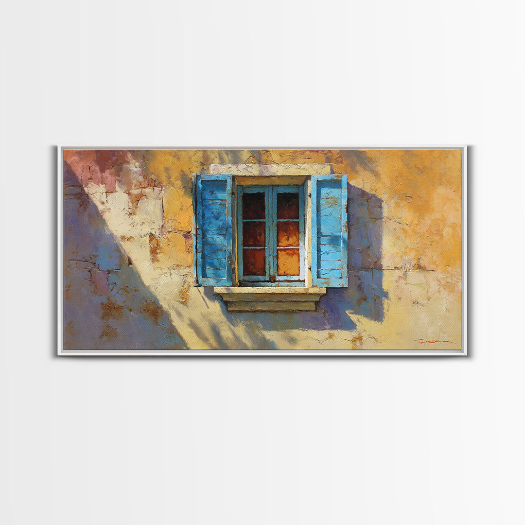 Weathered Window with Blue Shutters Framed Canvas Print, French Country Art, Boho Decor, Farmhouse Decor, Abstract Art, Country, FCA-2x1-65